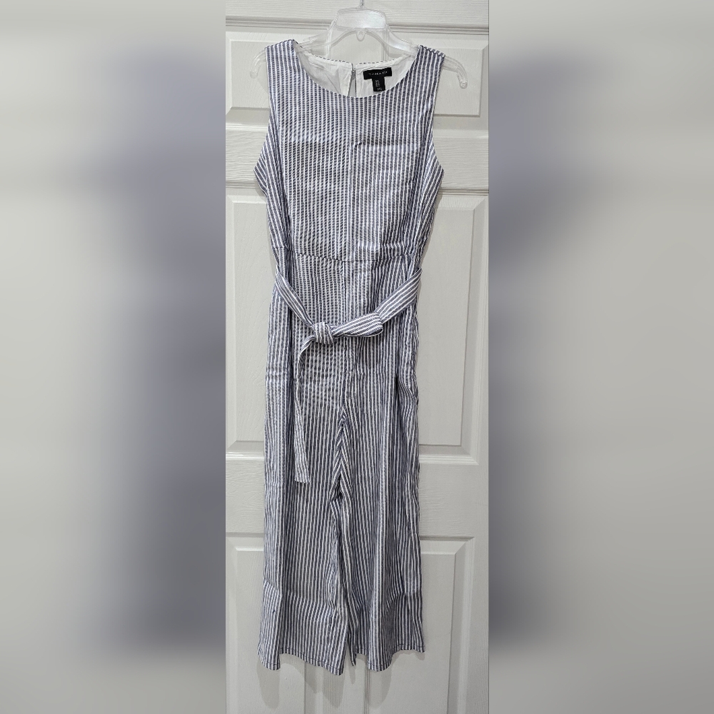 Tahari Navy and White Striped Sleeveless Cropped Jumpsuit